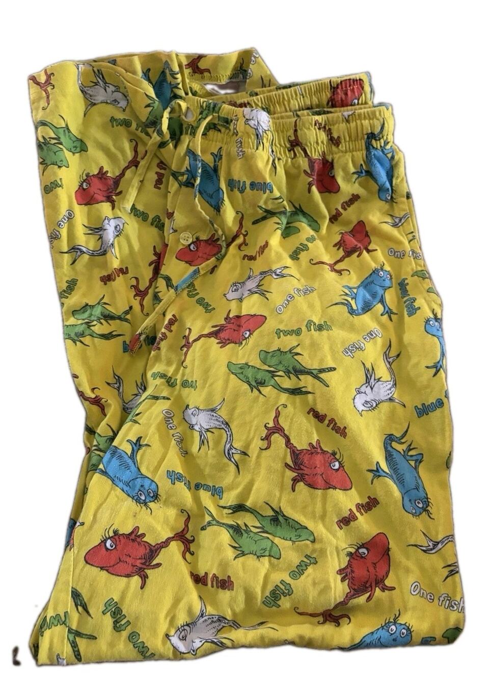 Dr Seuss One Fish Two Fish Red Blue Pajama Pants Adult S Lounge Sleepwear Yellow